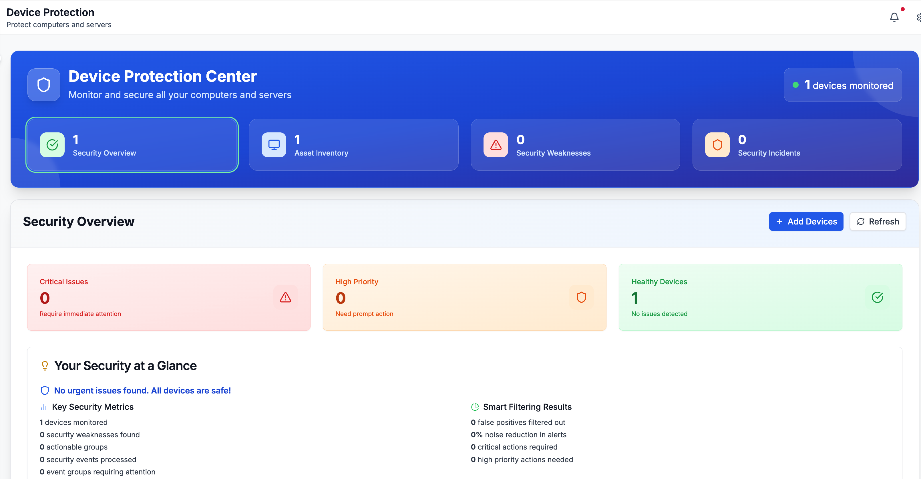 EDR dashboard showing device monitoring and threat detection